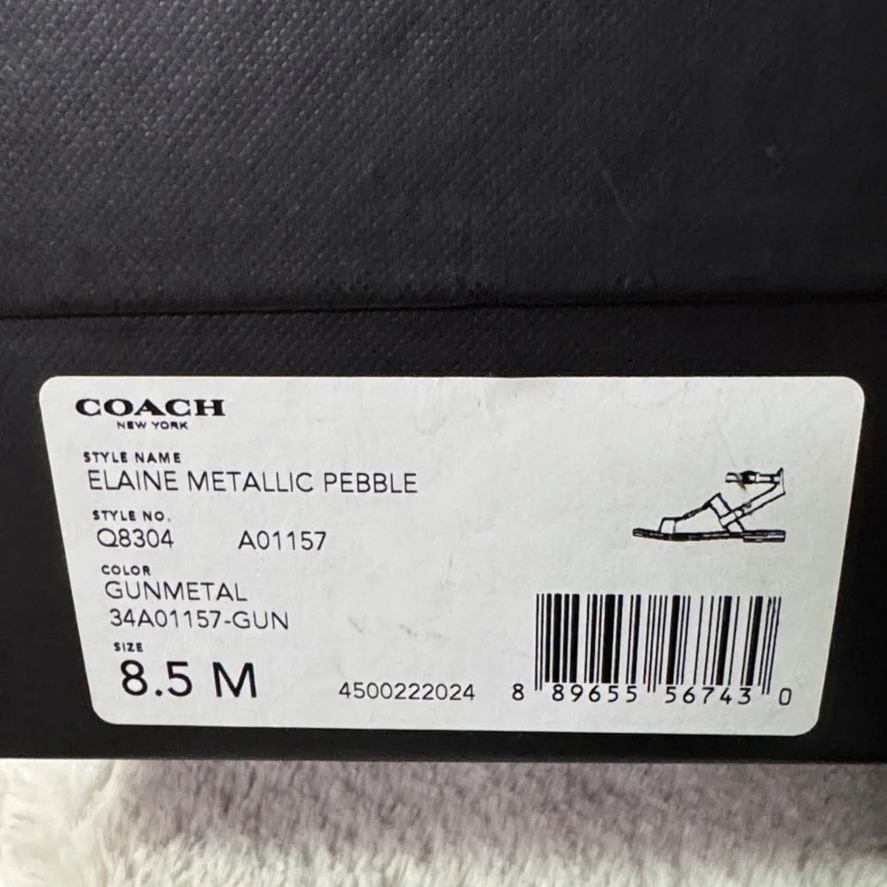 Coach Elaine Metallic Pebble Leather Gunmetal Sandals - Picture 2 of 5